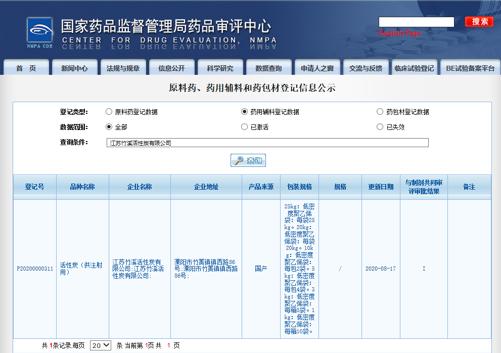 供注射用活性炭登记信息公示